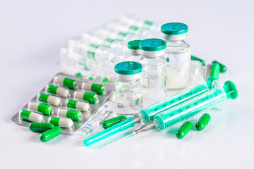 Drug prescription for treatment medication. Pharmaceutical medicament, cure in container for health. Pharmacy theme, capsule pills with medicine antibiotic in packages.