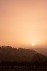 Orange and foggy sunrise over a park.
