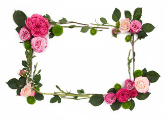 A square frame of roses and peonies of flowers. Isolated on white background