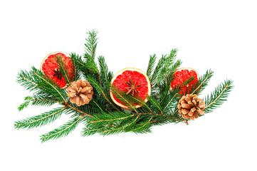 New Year or Christmas decor. Fir branches on a white isolated background