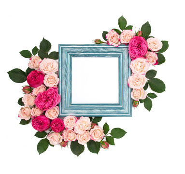 Frame for photos, flowers view from above. Roses and peonies.