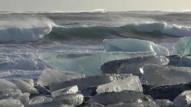 Medium shot, smooth ice chunks on Iceland beach