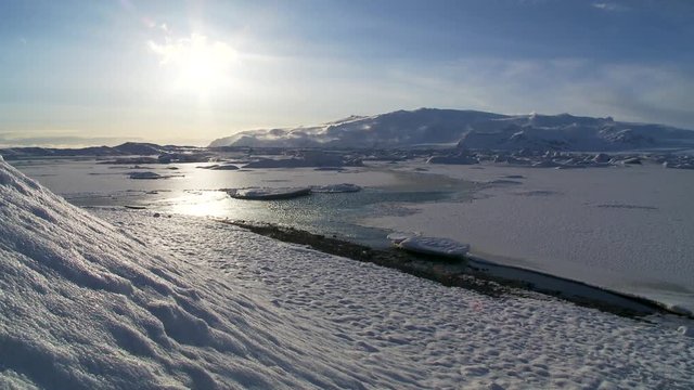 Pan right, sun shines over tundra in Iceland