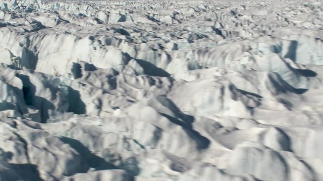 Helicopter point of view, frozen landscape in Greenland