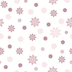 Fototapeta na wymiar Red and Burgundy snowflakes in a chaotic manner on a white background. Seamless pattern. Pattern for fabric, wrapping paper for Christmas gifts. Vector