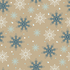 Blue and white snowflakes in a chaotic order on a bronze background. Seamless pattern. Pattern for fabric, wrapping paper for Christmas gifts. Vector