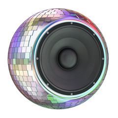 Mirror disco ball with loudspeaker inside, 3D rendering