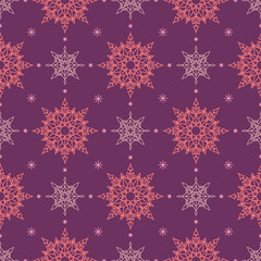 Naklejka na ściany i meble Pink snowflakes in geometric order on a purple background. Seamless pattern. Pattern for fabric, wrapping paper for Christmas gifts. Vector