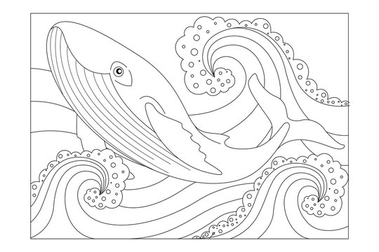 Whale among the ocean waves. Children's picture coloring. Vector