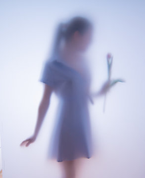 Blurred photo girl with flowers behind glass