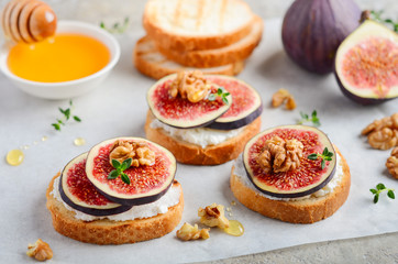 Bruschetta with fresh ricotta cheese, figs, nuts, thyme  and honey on gray concrete background.