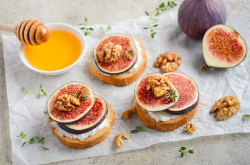 Bruschetta with fresh ricotta cheese, figs, nuts, thyme  and honey on gray concrete background.