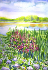 Fototapeta premium Landscape with a rocky flowering riverside, watercolor illustration, painting.