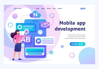 Young girl is engaged in the creation of a mobile application, working on the phone screen. Flat 2D character. Landing page concepts and web design