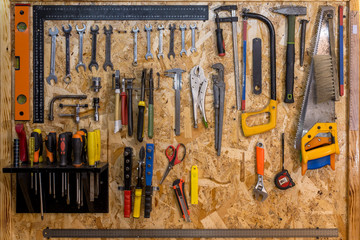 Workplace workshop. Hand tools. Garage.