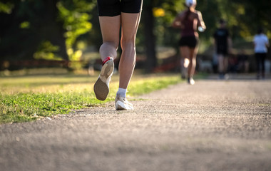 Female runner legs seen from the back on a bright summer day.