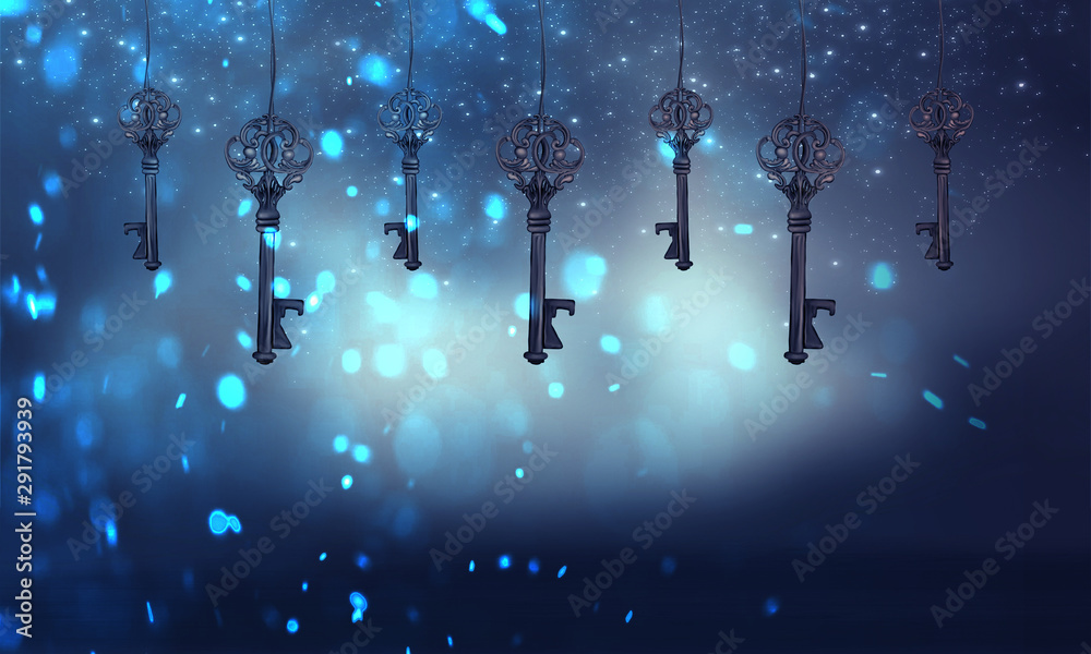 Wall mural vintage key on abstract bokeh background. magic background with an object in the center, neon light,