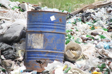 Trash can near former Gramacho landfill in Rio de Janeiro