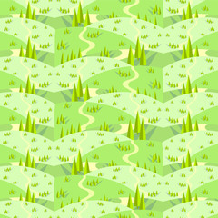 Green hill tree roads endless background. Flat design stock vector illustration for textile, for fabric print, for web, for print