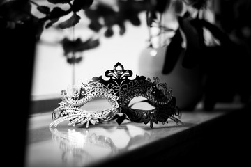 A black and white portrait of a venetian masquerade ball mask to hide your identity at carnavall...