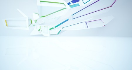 Abstract architectural glass gradient color interior of a minimalist house with large windows. 3D illustration and rendering.