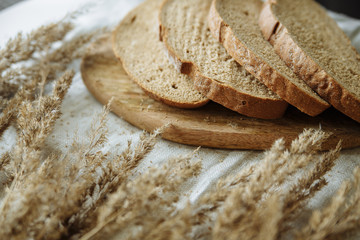 Cut bread on a wooden board