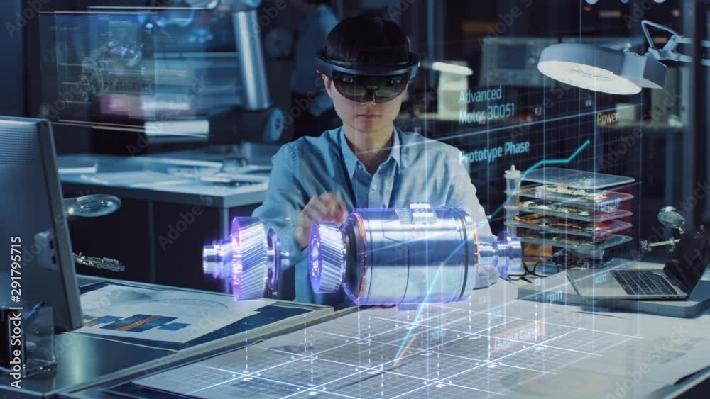 Poster industrial factory chief engineer wearing ar headset designs a prototype of an electric motor on the