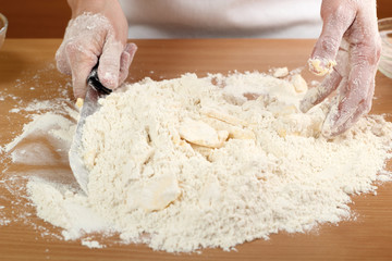 A baker cutting butter. Making Pastry Dough for Hungarian Cake. Series.