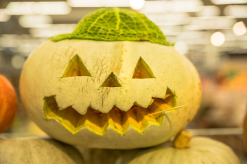 Autumn market in town. Trick or treat.Halloween pumpkin collection for sale at store. Halloween is the evening before the Christian holy days of All Hallows Day.preparation for Halloween.