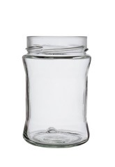 open empty glass jar on white background