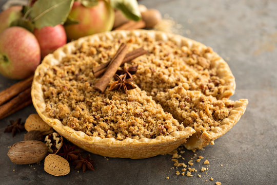 Traditional fall seasonal dessert, apple pie with streusel crumb topping