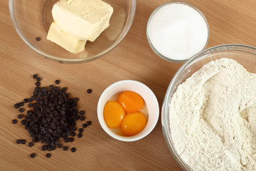 Chocolate Chips, Eggs, Flour, Sugar, Butter. Making Chocolate Chip Cookies. Series.