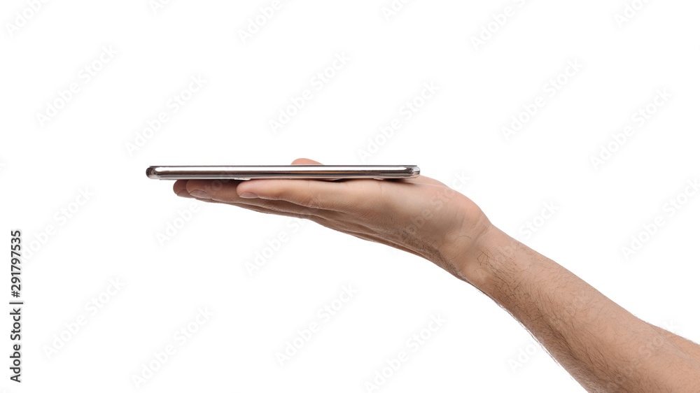 Poster man holding modern smartphone on open palm