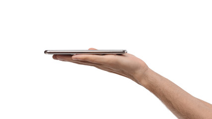 Man holding modern smartphone on open palm