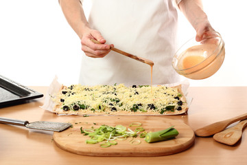 Pouring Tomato Sauce on Dough. Making Pizza with Leek and Spinach. Series.
