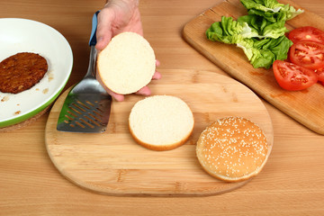 Cut Bread Roll. Making Hamburger. Series. 