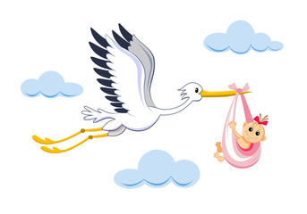 Cute stork with baby girl cartoon - Vector