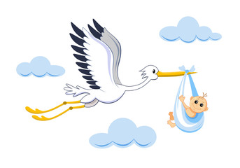 Cute stork with baby boy cartoon - Vector