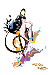 Abstract colorful musical poster design with musicians and musical waves. Hand drawn vector illustration