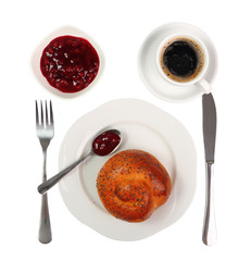 Bread Roll, Coffee, Jam. Continental Breakfast. Isolated with clipping path.
