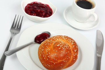 Bread Roll, Coffee, Jam. Continental Breakfast.