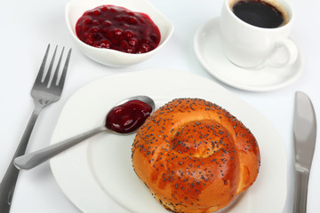 Bread Roll, Coffee, Jam. Continental Breakfast.