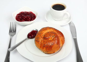 Bread Roll, Coffee, Jam. Continental Breakfast.