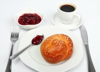 Bread Roll, Coffee, Jam. Continental Breakfast.