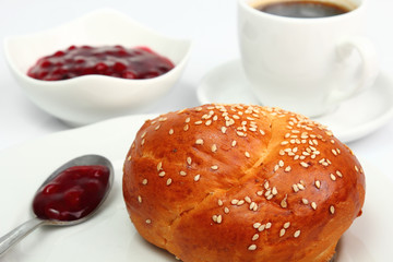 Bread Roll, Coffee, Jam. Continental Breakfast.