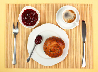 Bread Roll, Coffee, Jam. Continental Breakfast.