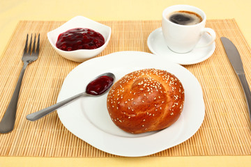 Bread Roll, Coffee, Jam. Continental Breakfast.