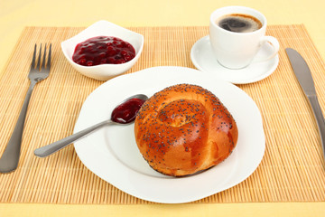 Bread Roll, Coffee, Jam. Continental Breakfast.