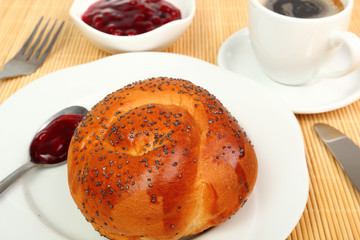 Bread Roll, Coffee, Jam. Continental Breakfast.