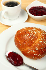 Bread Roll, Coffee, Jam. Continental Breakfast.